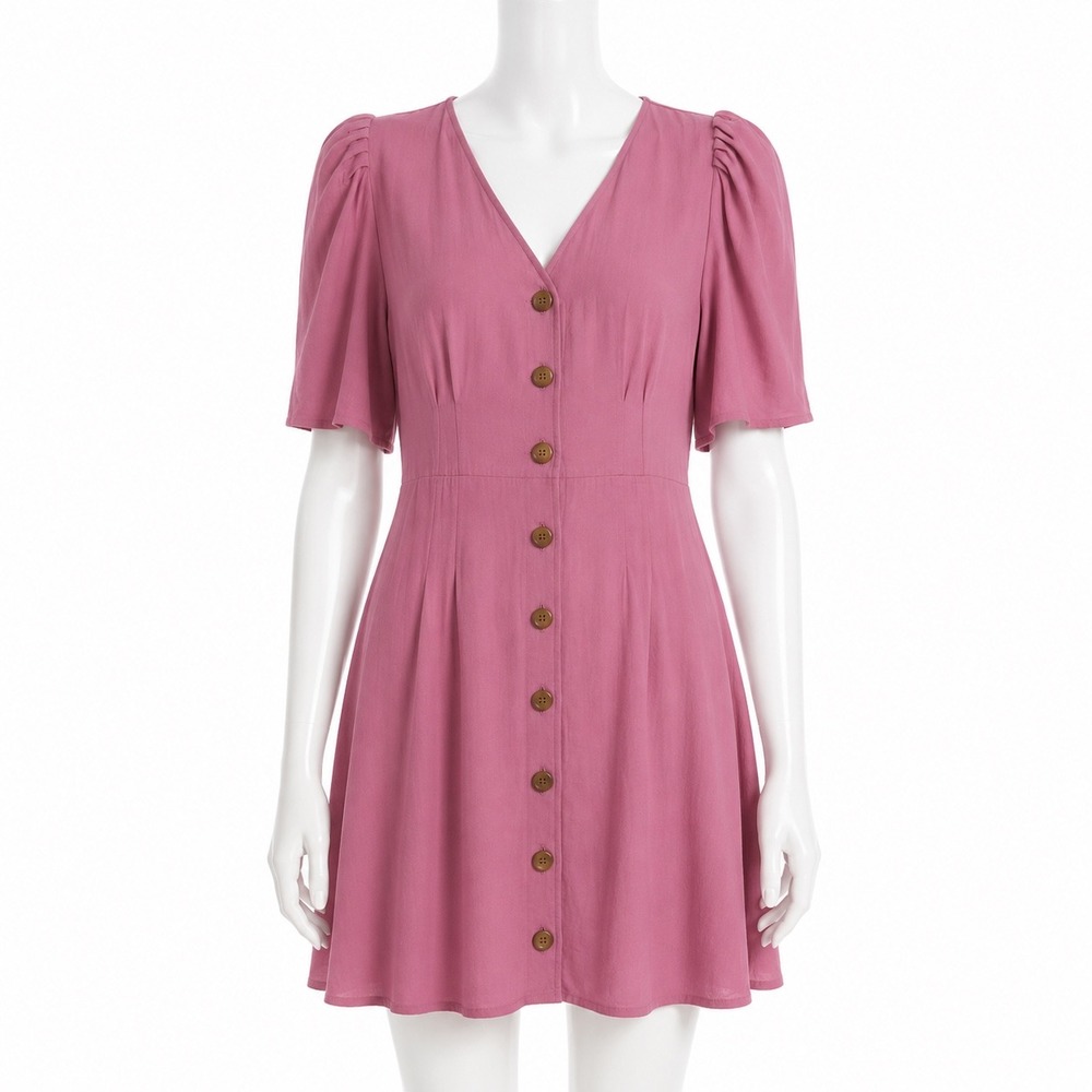 Something Navy Pink Button Front‎ Puff Sleeve Mini Dress Women's XS